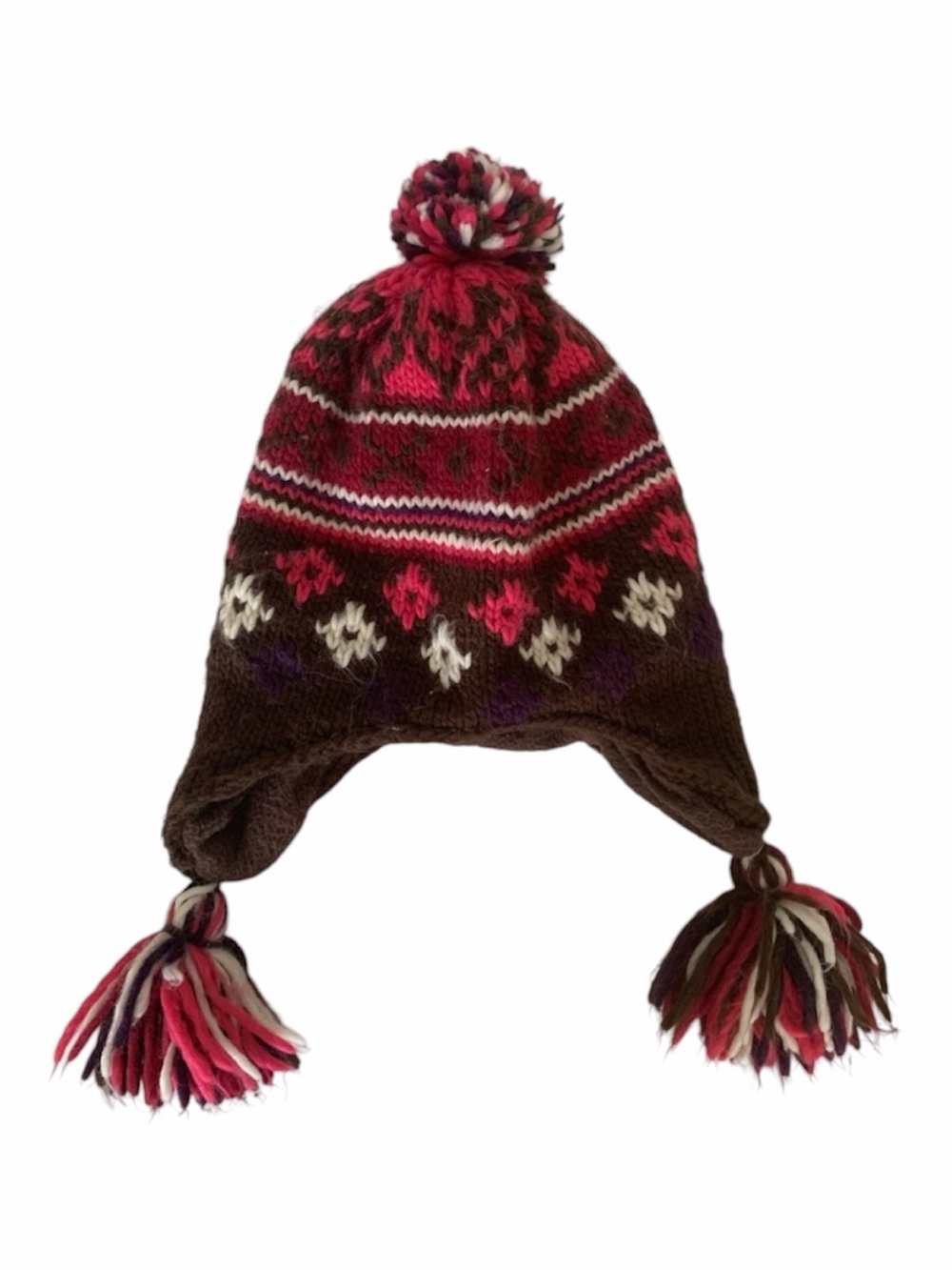 Knit Fleece Lined Hat Youth Size 4-7 Pink Brown White Ear Flap Pom Pom Tassels